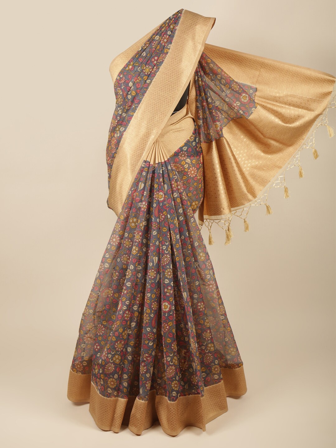 Pothys Grey & Pink Floral Zari Organza Saree
