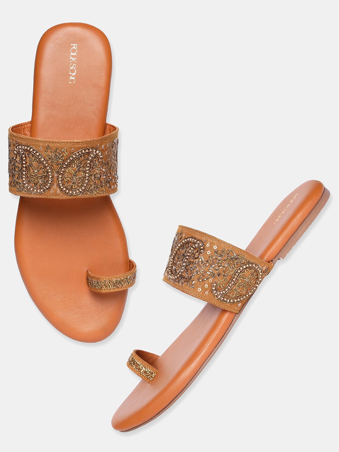 W The Folksong Collection Women Mustard Brown Embellished Leather Ethnic One Toe Flats
W The Folksong Collection Women Mustard Brown Embellished Leather Ethnic One Toe Flats
