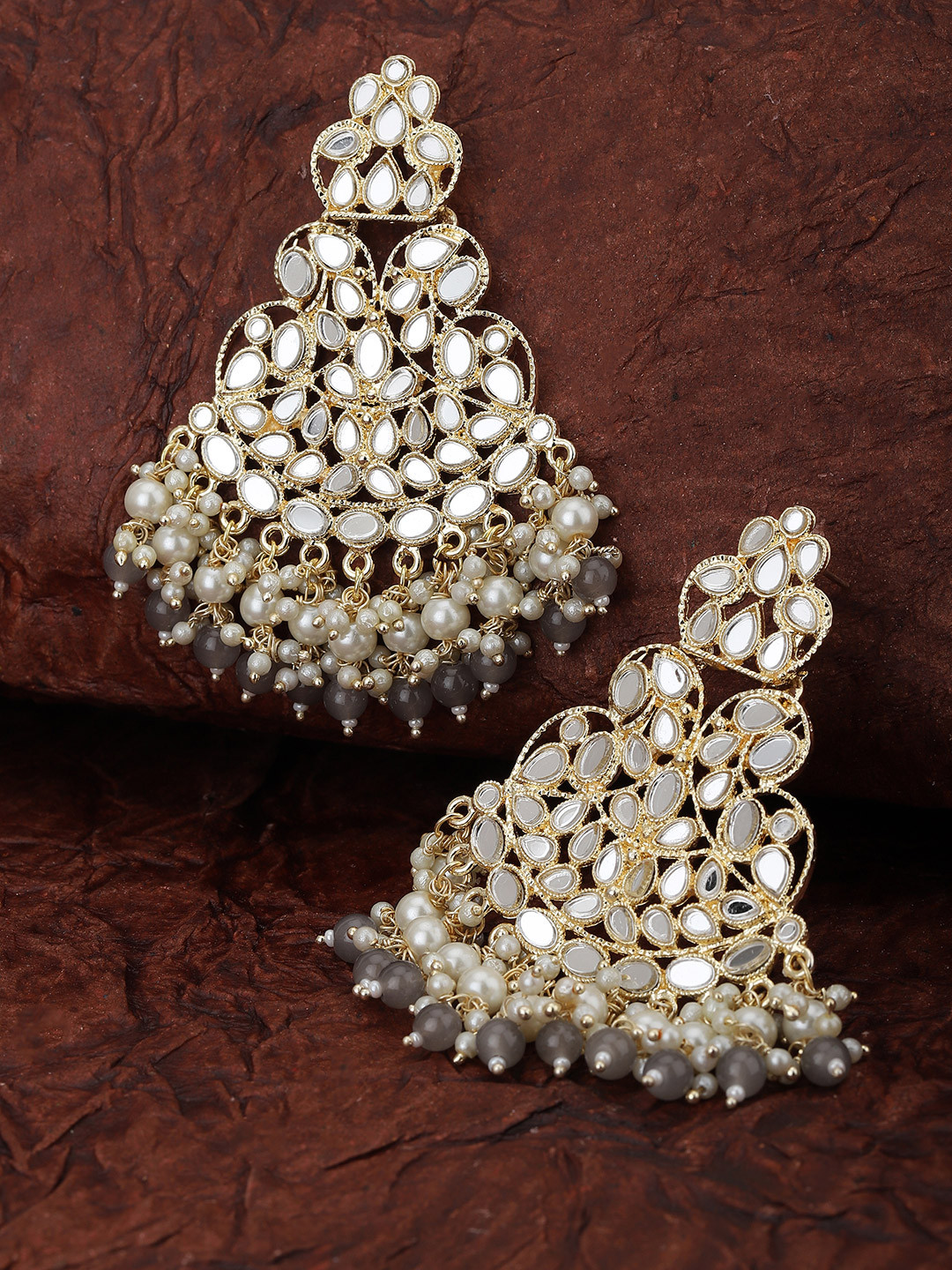 KOLHA-BY CARLTON Gold-Toned & Grey Stone Studded & Beaded Classic Drop Earrings 
KOLHA-BY CARLTON Gold-Toned & Grey Stone Studded & Beaded Classic Drop Earrings