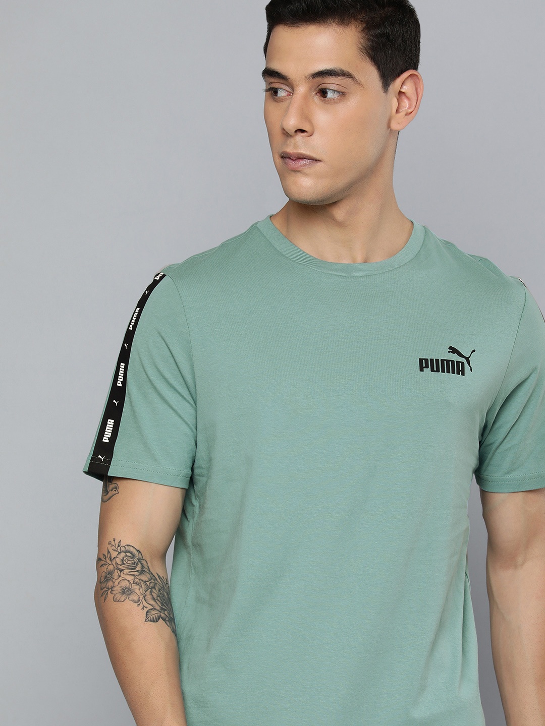 Puma Men Blue & Black Brand Logo Printed Pure Cotton T-shirt
