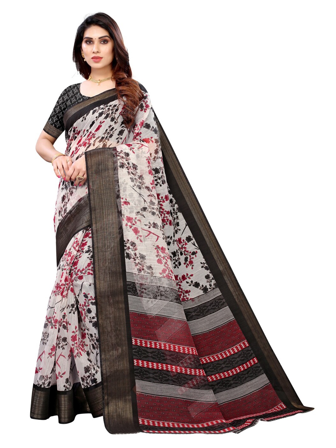 KALINI White & Red Floral Zari Saree