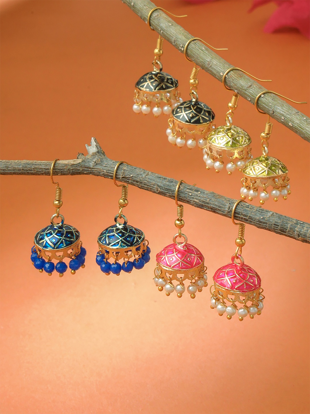 Yellow Chimes Pack Of 4 Gold-Toned Silver Plated Classic Meenakari Jhumkas Earrings, Pink
Yellow Chimes Pack Of 4 Gold-Toned Silver Plated Classic Meenakari Jhumkas Earrings, Pink