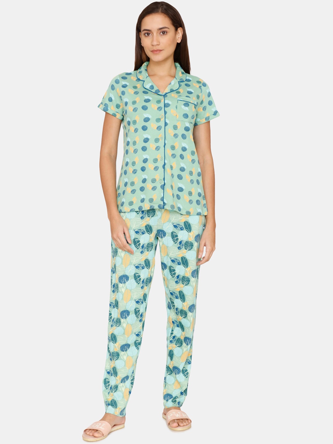 Zivame Women Green & Blue Printed Twigs Knit Cotton Pyjama Night suit