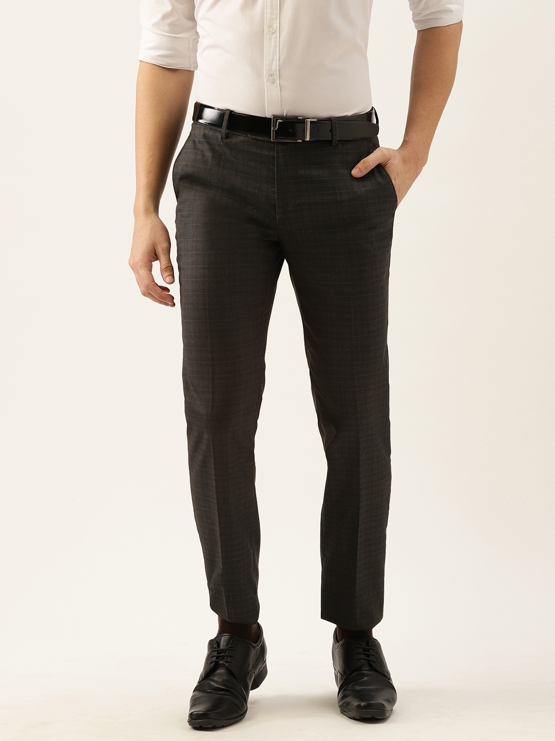 Peter England Men Charcoal Self-Design Slim Fit Trousers