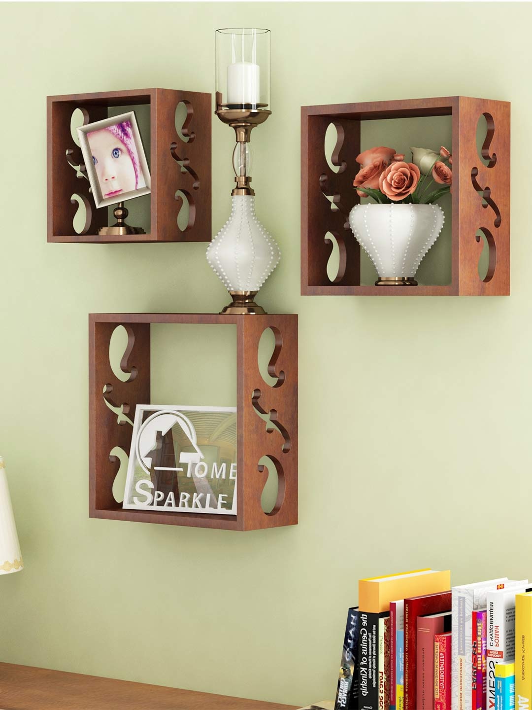 Home Sparkle Brown Set of 3 Cube Wall Shelves