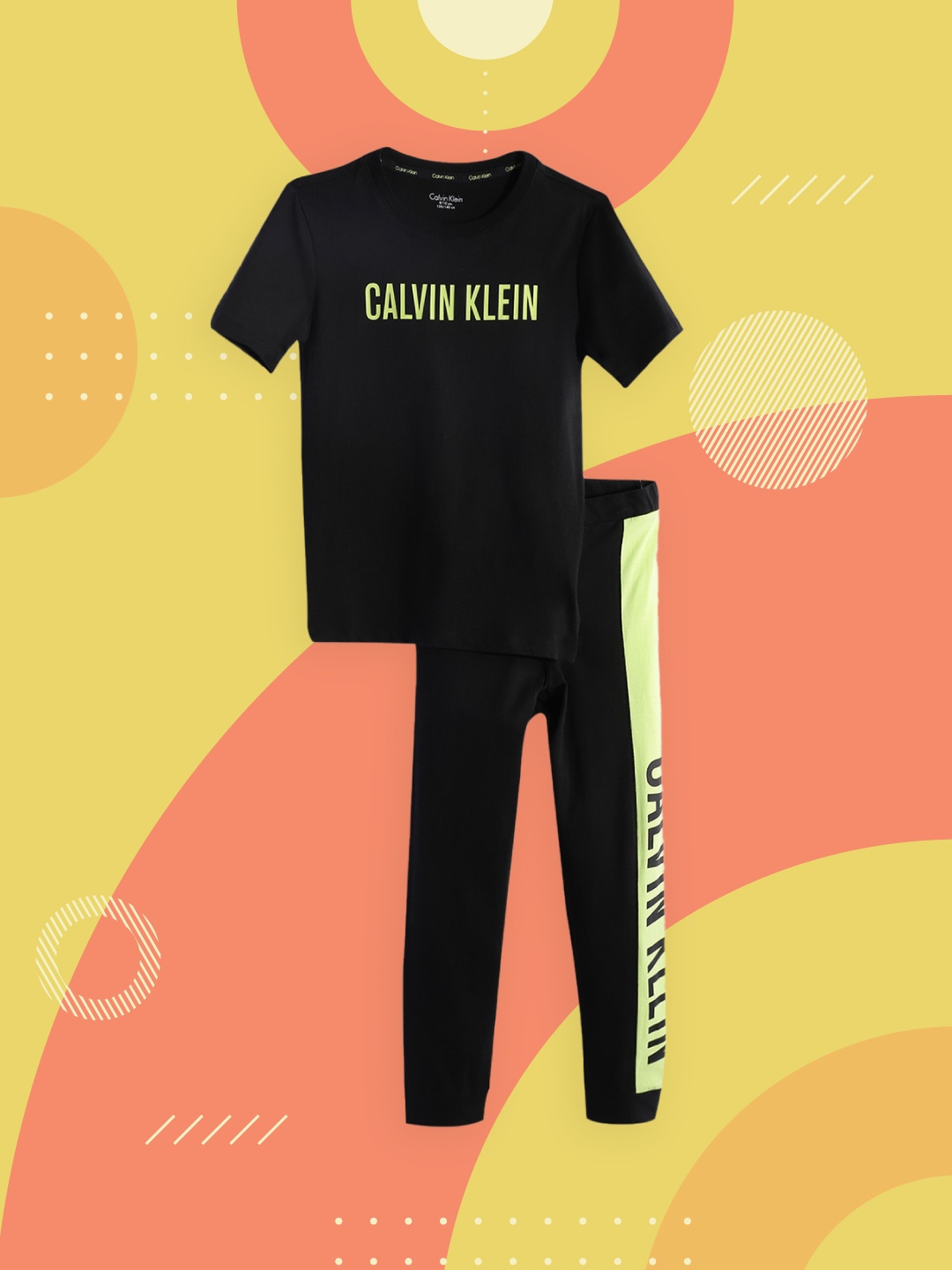 Calvin Klein Underwear Boys Black & Lime Green Printed Pure Cotton T-shirt With Joggers
Calvin Klein Underwear Boys Black & Lime Green Printed Pure Cotton T-shirt With Joggers