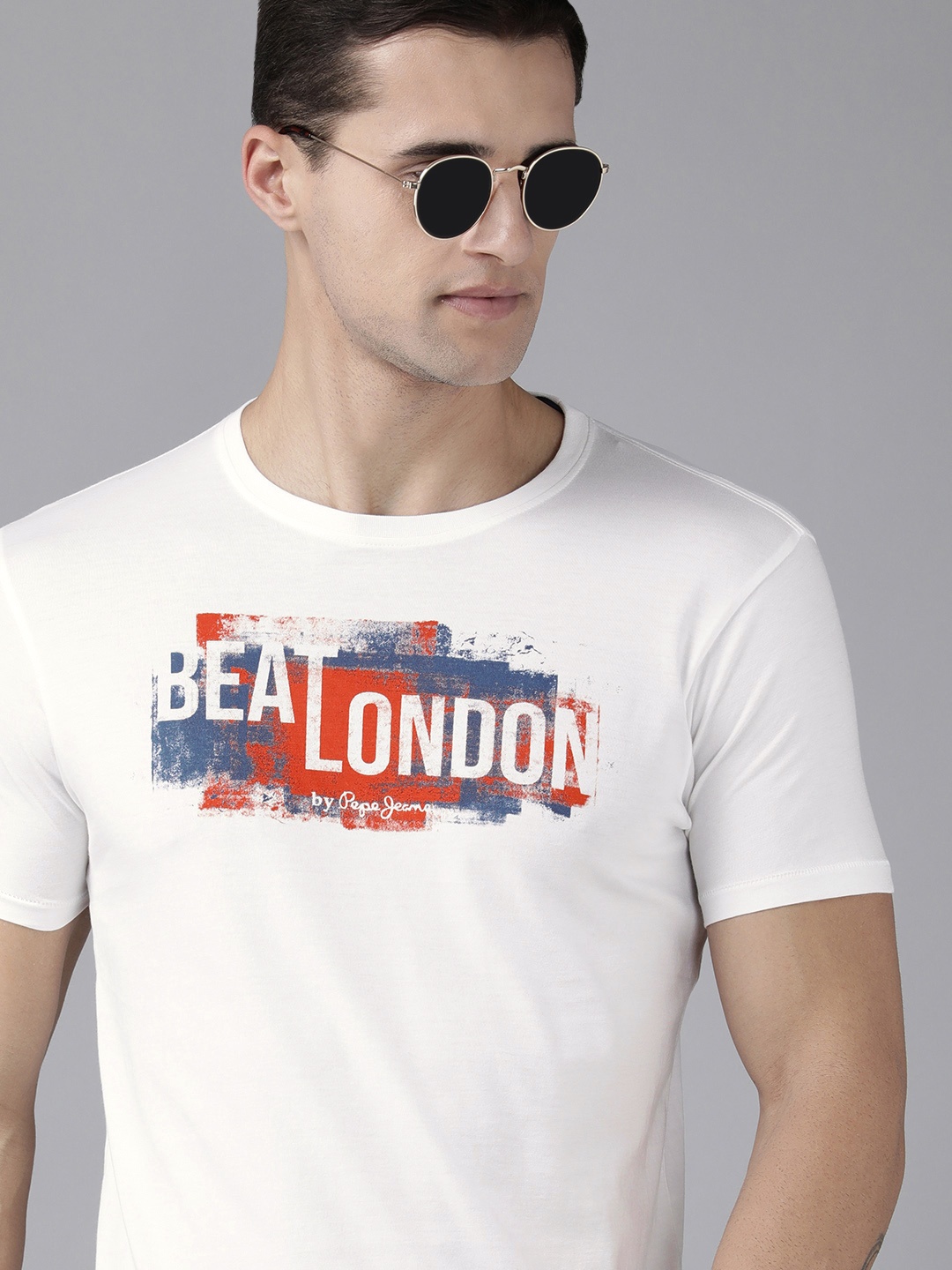 BEAT LONDON by PEPE JEANS Men White Brand Logo Printed Pure Cotton Slim Fit T-shirt