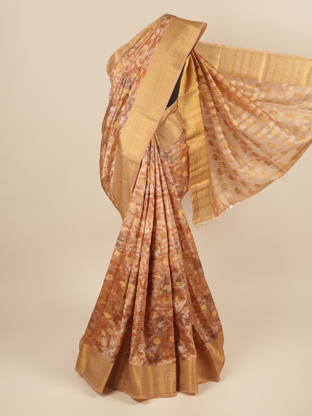 Pothys Copper-Toned & White Floral Zari Art Silk Saree