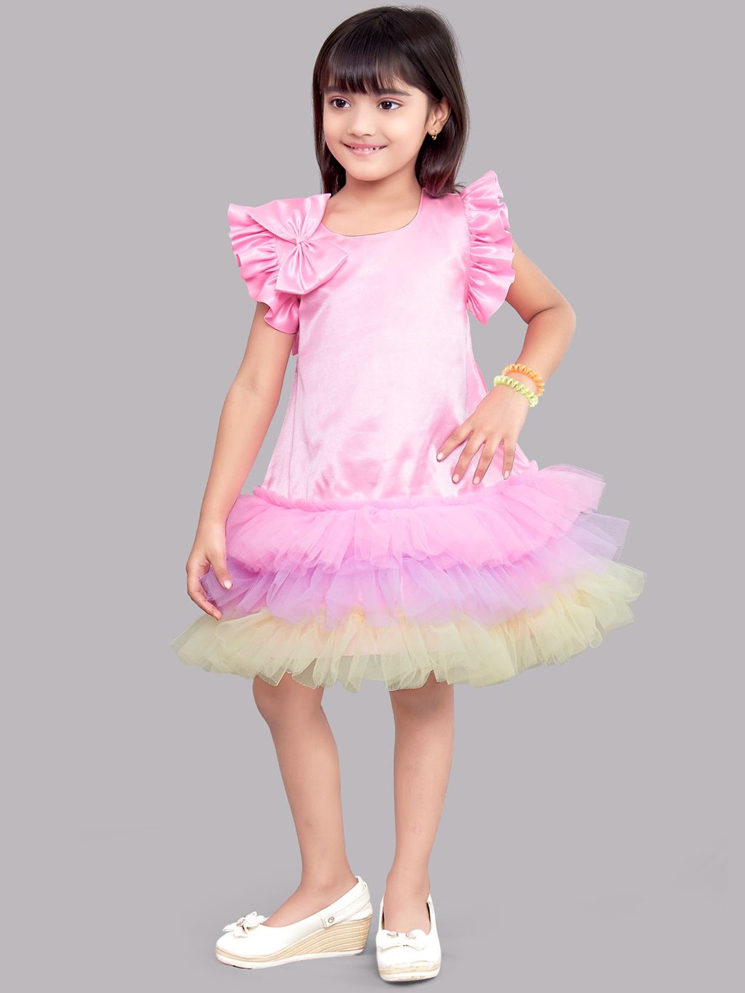 Pink Chick Girls Pink Colourblocked Satin Drop-Waist Dress