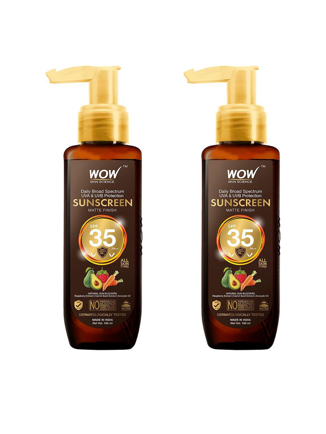 WOW SKIN SCIENCE Set of 2 Sunscreen Matte Finish SPF 35 PA with Avocado Oil - 100 ml each, Brown
WOW SKIN SCIENCE Set of 2 Sunscreen Matte Finish SPF 35 PA with Avocado Oil - 100 ml each, Brown