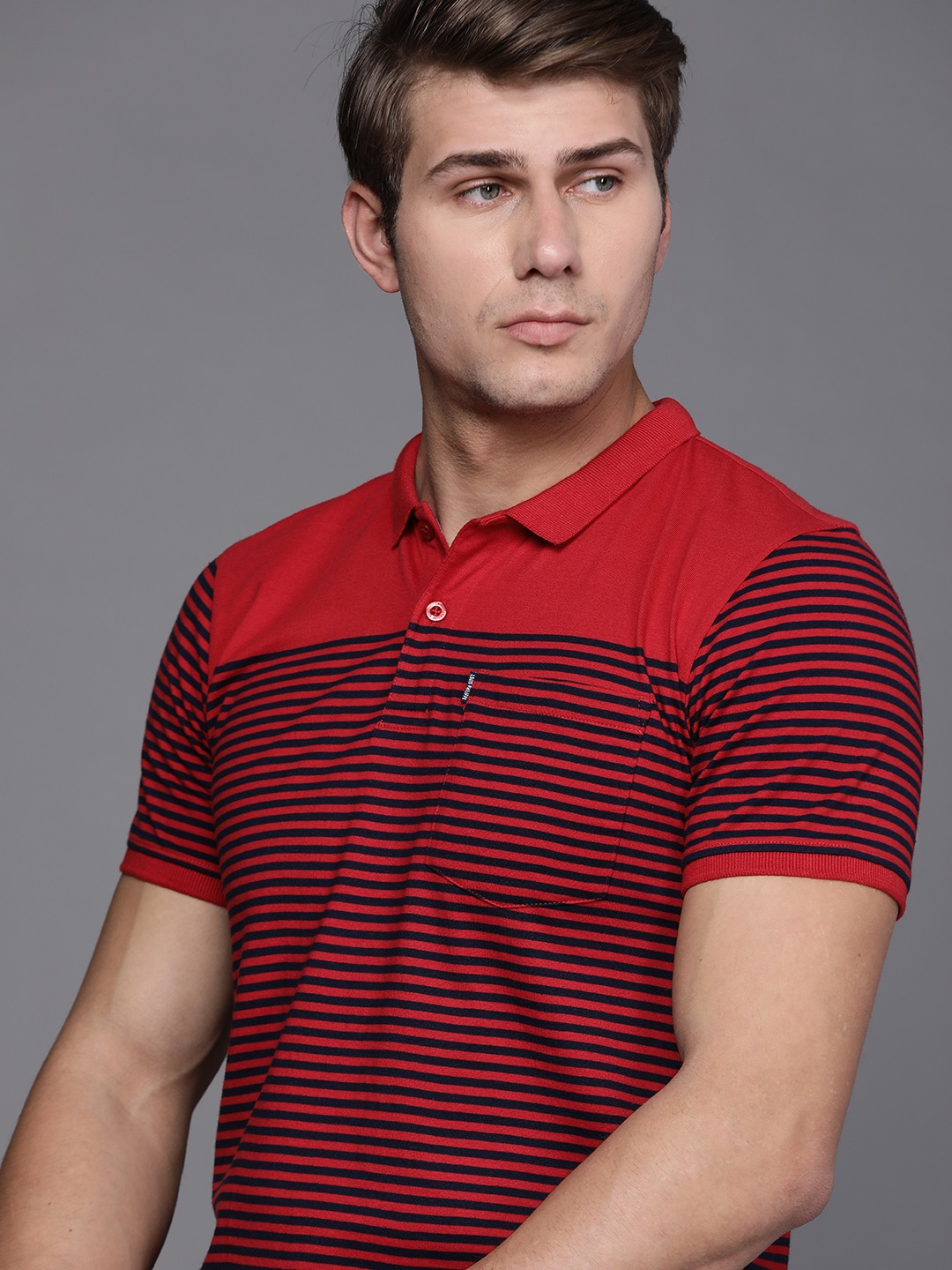 Louis Philippe Sport Men Red & Navy Blue Striped Polo Collar Pure Cotton Pockets T-shirt
Louis Philippe Sport Men Red & Navy Blue Striped Polo Collar Pure Cotton Pockets T-shirt