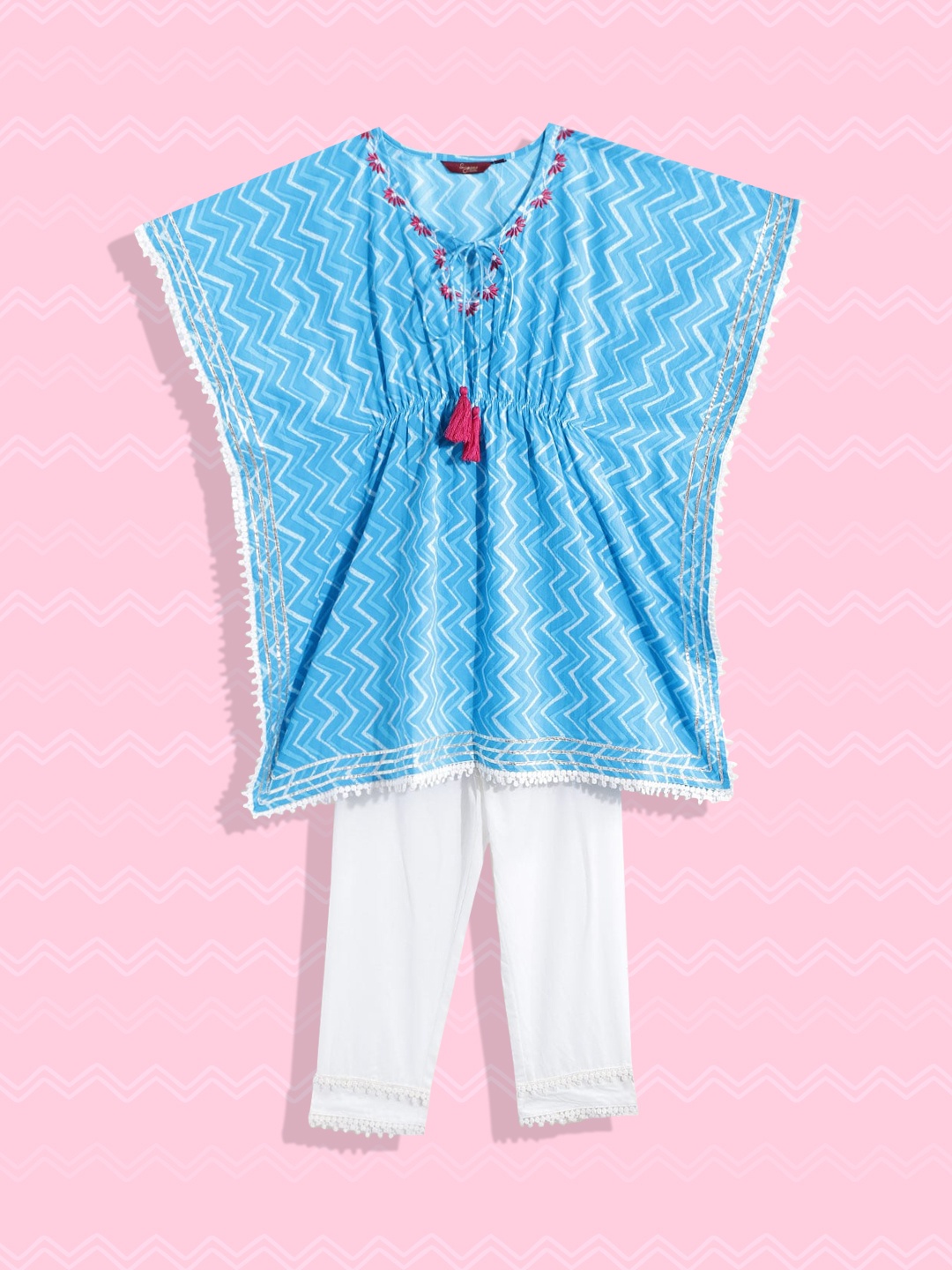 Sangria Girls Blue & White Chevron Printed Gotta Patti Pure Cotton Kurta with Trousers
Sangria Girls Blue & White Chevron Printed Gotta Patti Pure Cotton Kurta with Trousers