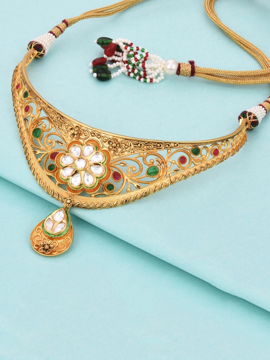 Tistabene Gold-Plated White & Green Stone-Studded Jewellery Set