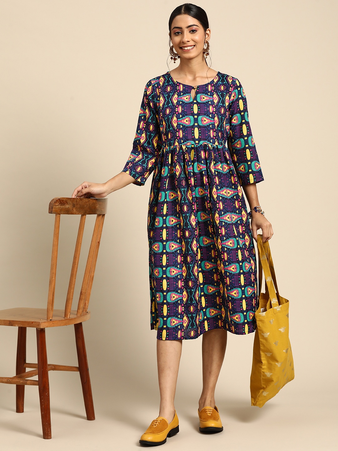 Sangria Women Black & Blue Printed A-Line Ethnic Dress