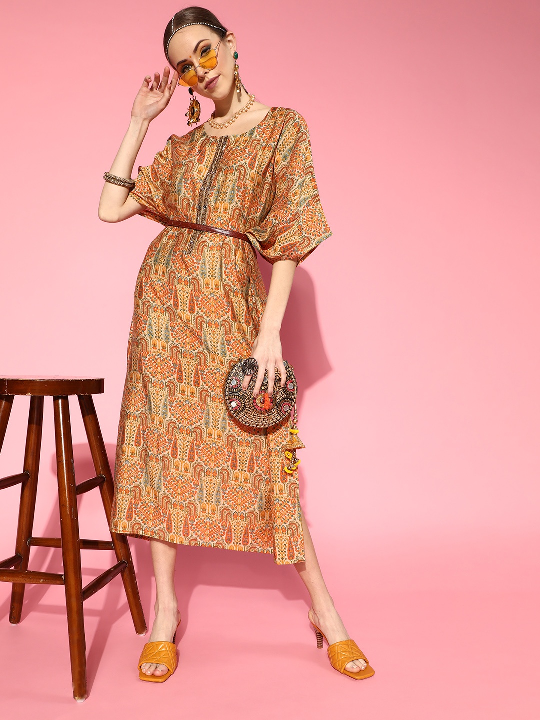 Libas Women Beige & Orange Ethnic Kaftan Dress