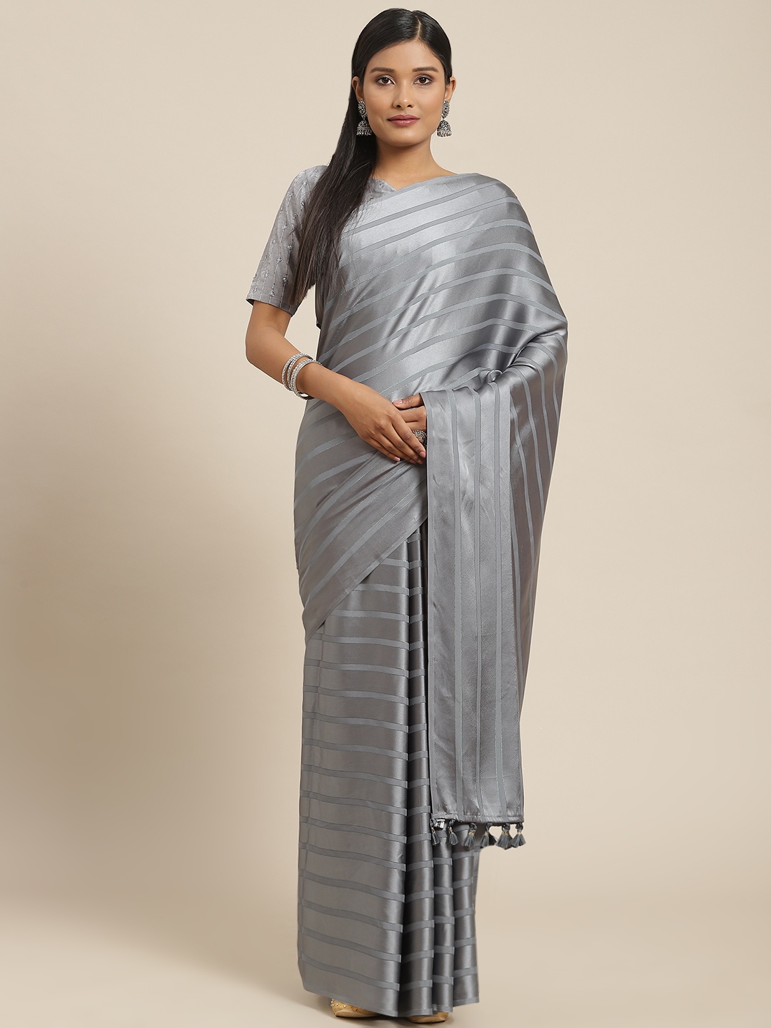 Fab Dadu Grey Striped Saree
