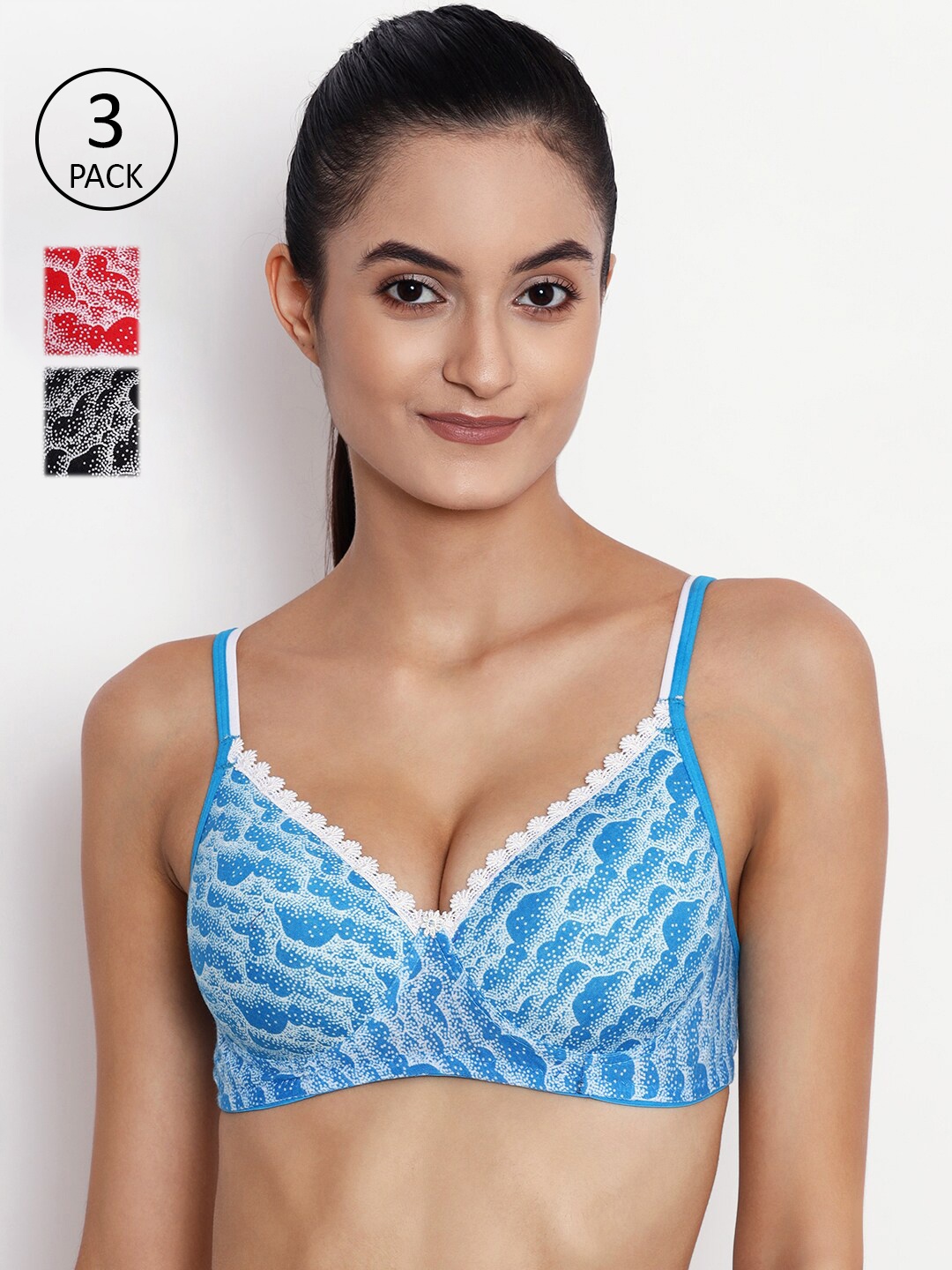 ABELINO Women Pack Of 3 Printed Lightly Padded Pure Cotton T Shirt Bra, Turquoise blue
ABELINO Women Pack Of 3 Printed Lightly Padded Pure Cotton T Shirt Bra, Turquoise blue