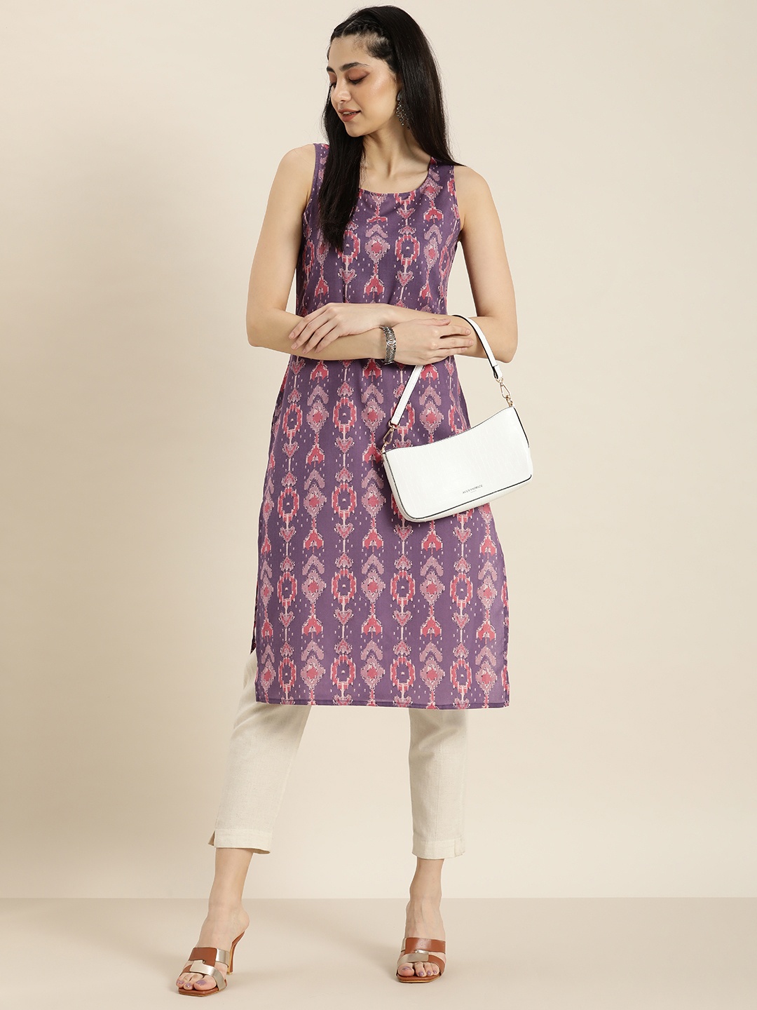 Moda Rapido Women Purple & Coral Pink Ethnic Motifs Printed Straight Kurta
