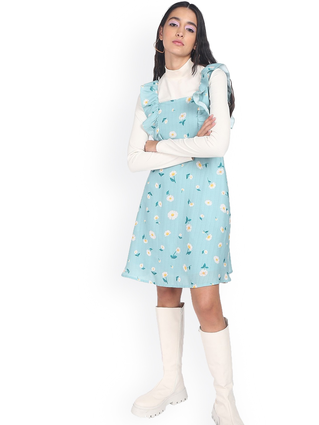 Sugr Women Blue Floral Printed Pinafore Dress