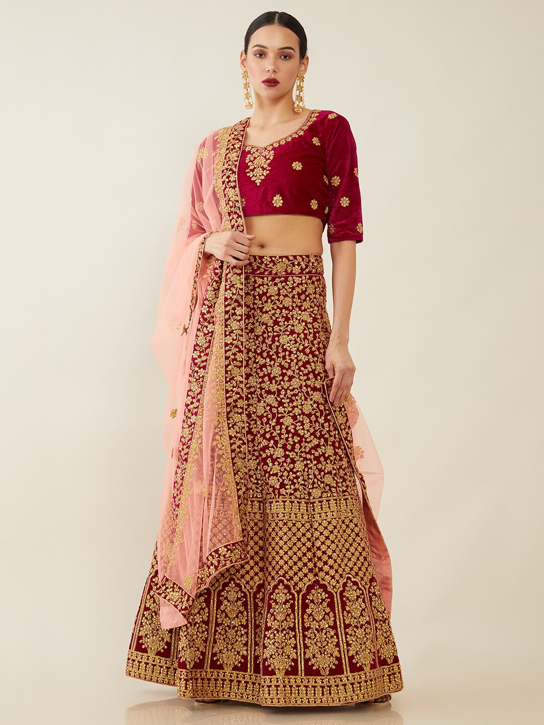 Soch Maroon & Gold-Toned Embroidered Velvet Unstitched Lehenga & Blouse With Dupatta
Soch Maroon & Gold-Toned Embroidered Velvet Unstitched Lehenga & Blouse With Dupatta