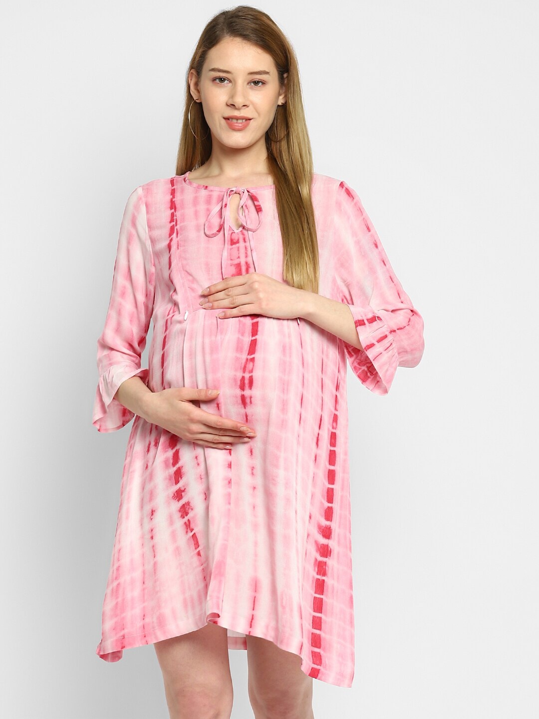 Momsoon Maternity Pink Tie and Dye Tie-Up Neck Maternity Empire Dress
