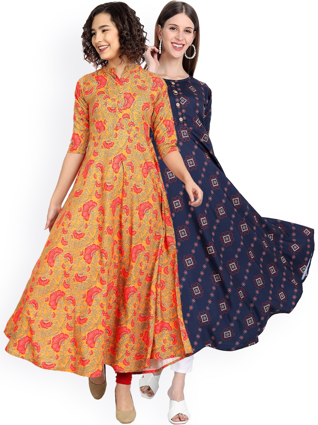 7Threads Set Of 2 Women Multicoloured Floral Printed Floral Crepe Anarkali Kurta, Multi
7Threads Set Of 2 Women Multicoloured Floral Printed Floral Crepe Anarkali Kurta, Multi