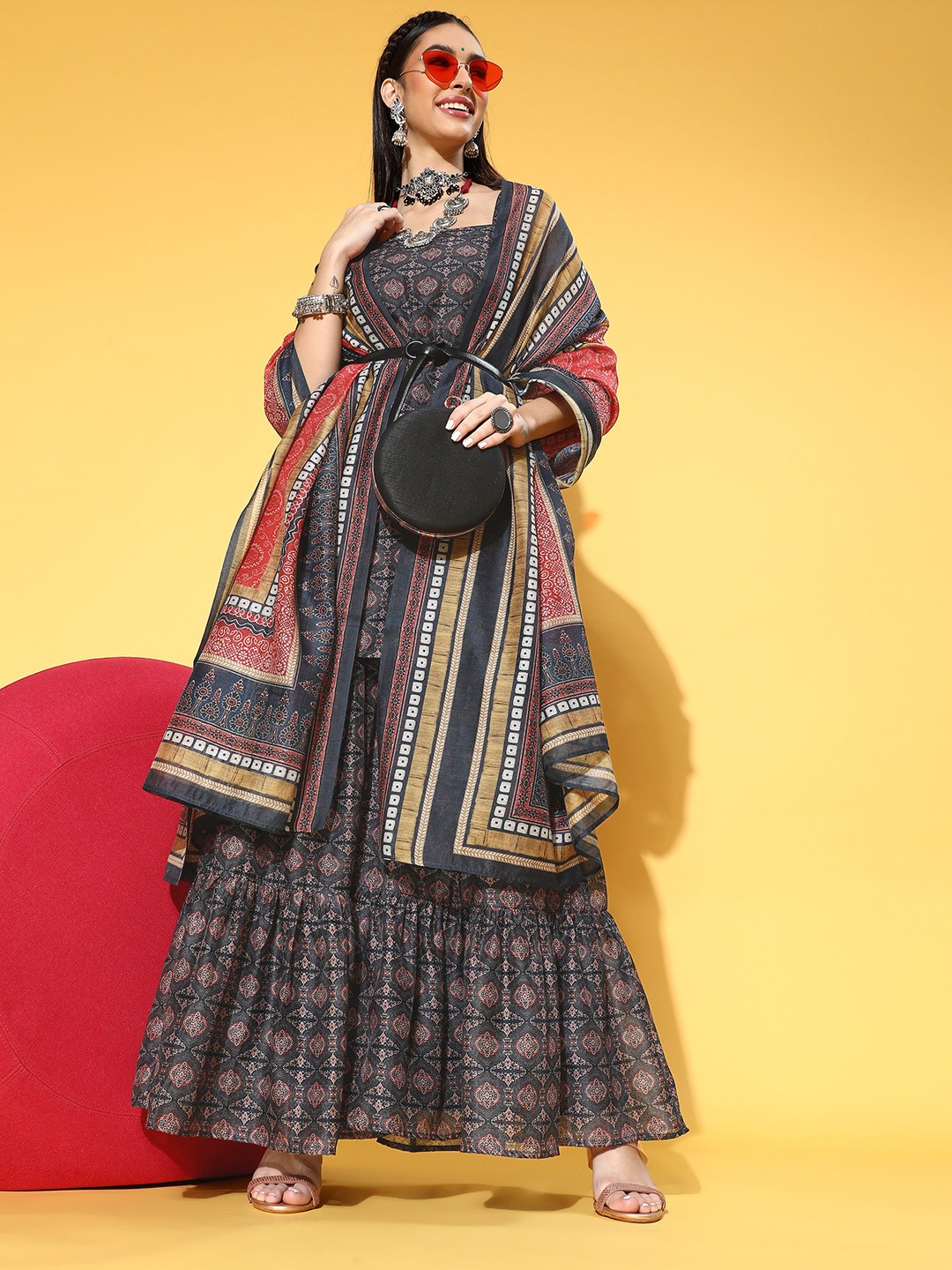 anayna Ethnic Motifs Poly-Chanderi Short Kurti with Sharara, Navy blue