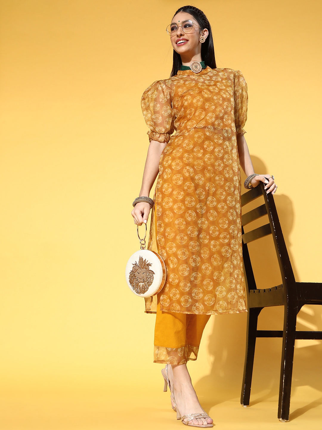 anayna Abstract Organza Ethnic Motifs Kurta Set, Mustard