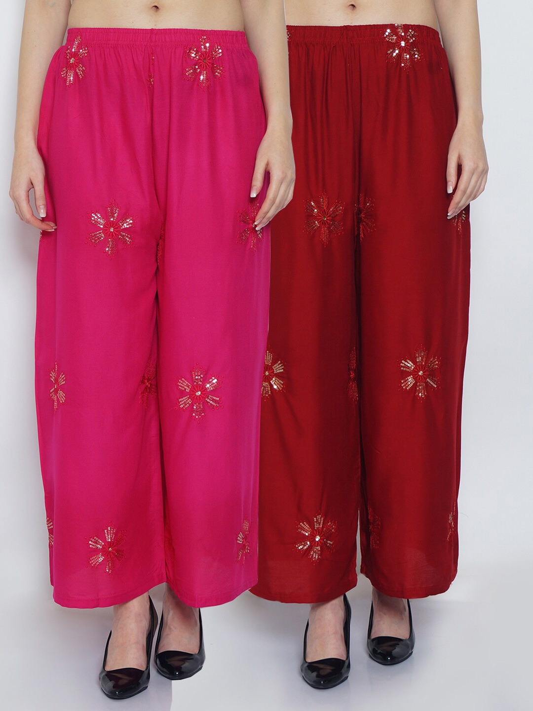 GRACIT Women Pink & Maroon Floral Sequinned Embroidered Flared Ethnic Palazzos Set Of 2
GRACIT Women Pink & Maroon Floral Sequinned Embroidered Flared Ethnic Palazzos Set Of 2