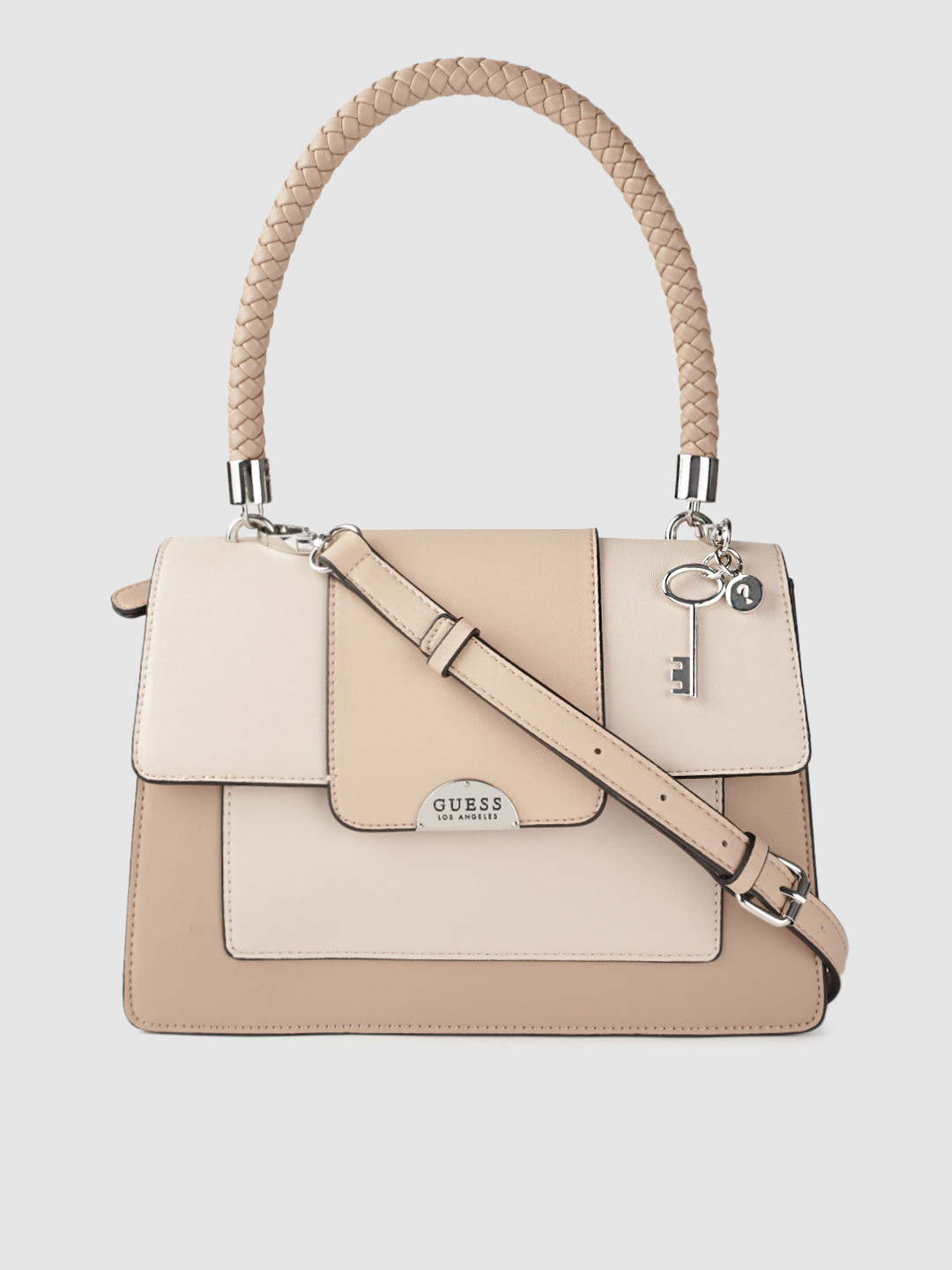 GUESS Peach-Coloured Colourblocked Structured Satchel with Tab Detachable Strap & Pouch
GUESS Peach-Coloured Colourblocked Structured Satchel with Tab Detachable Strap & Pouch