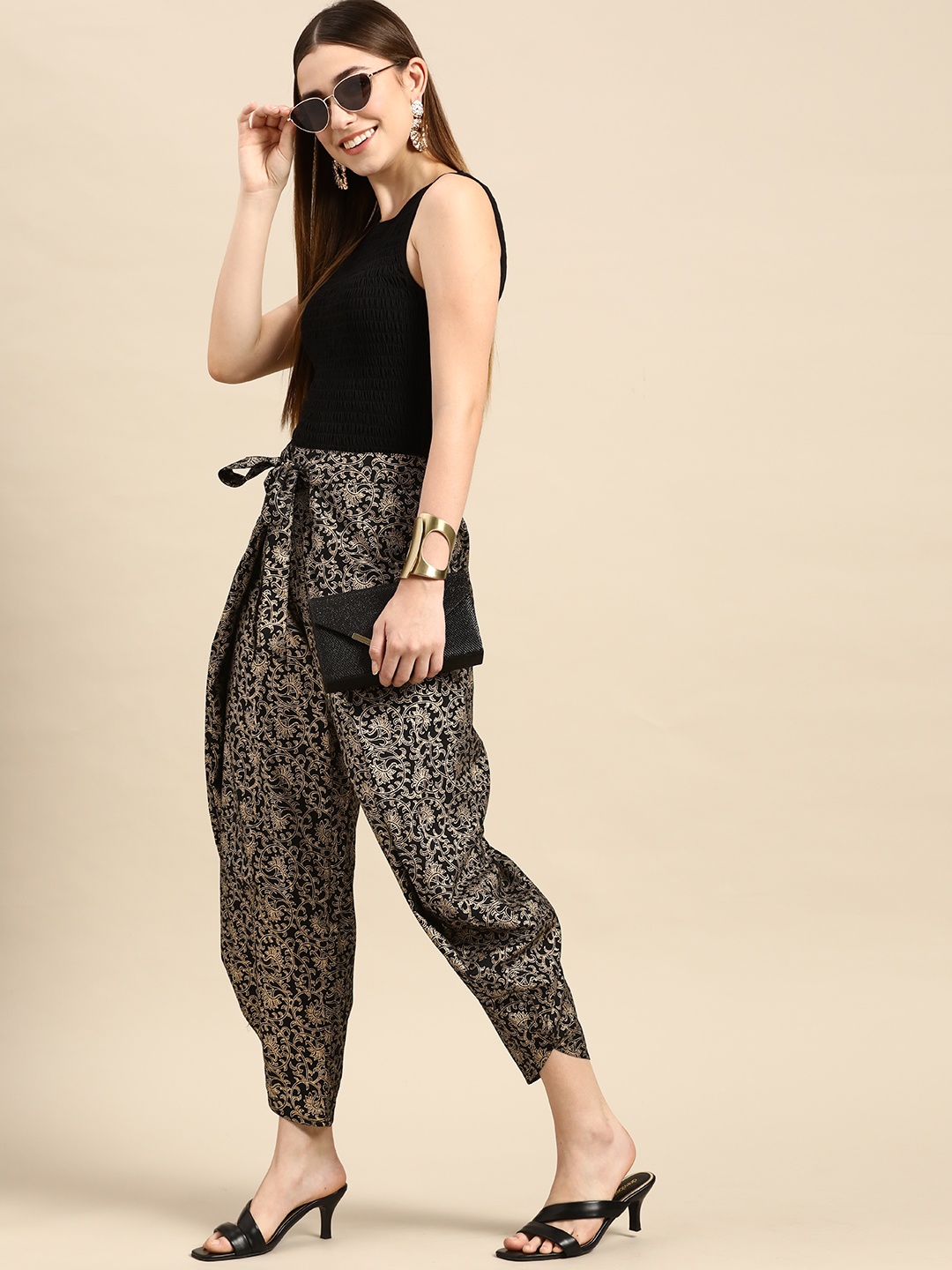 Anouk Women Black & Golden Printed Pure Cotton Dhoti Pants