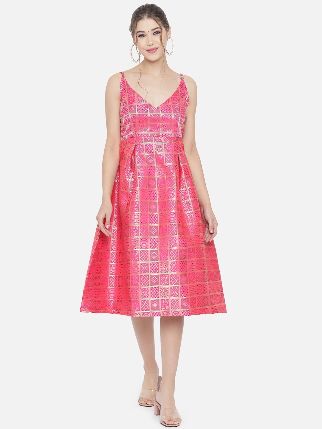 RAISIN Women Pink & Gold-Toned Ethnic Motifs Shoulder Straps Brocade Jacquard A-line Dress
RAISIN Women Pink & Gold-Toned Ethnic Motifs Shoulder Straps Brocade Jacquard A-line Dress
