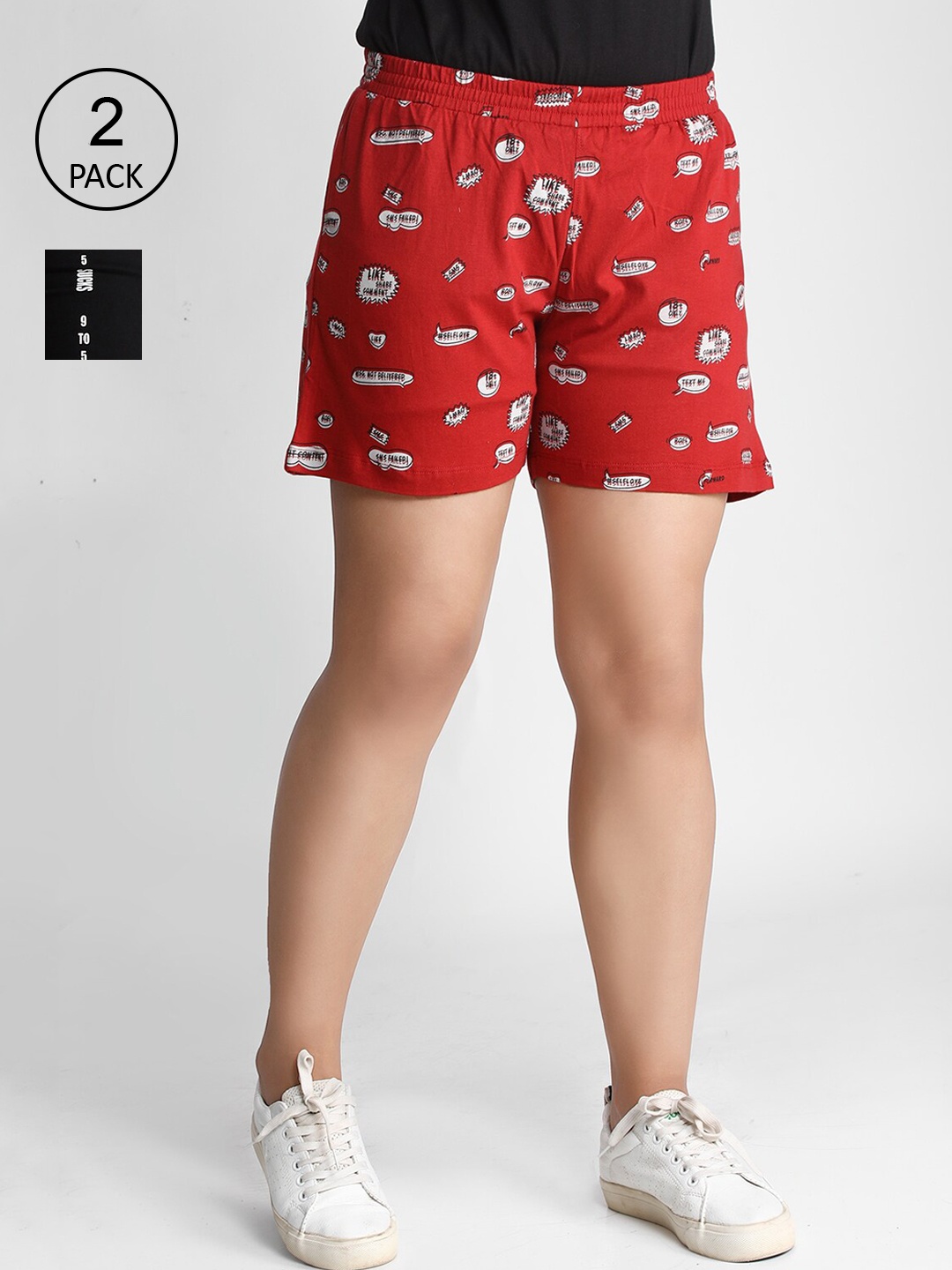 Dream of Glory Inc Women Pack Of 2 Red & Black Typography Printed Hot Pants Shorts