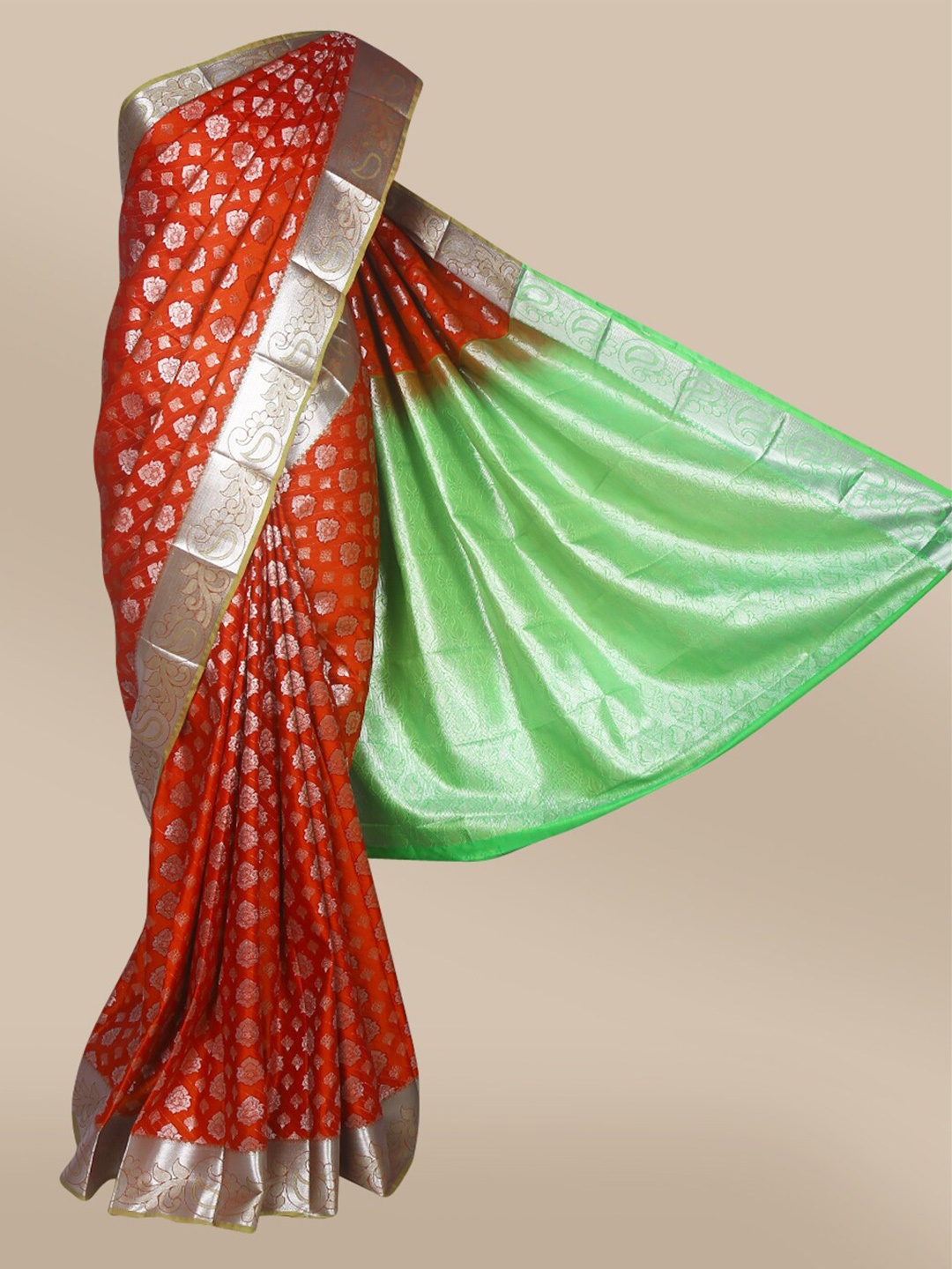 The Chennai Silks Coral & Silver-Toned Floral Art Silk Saree
