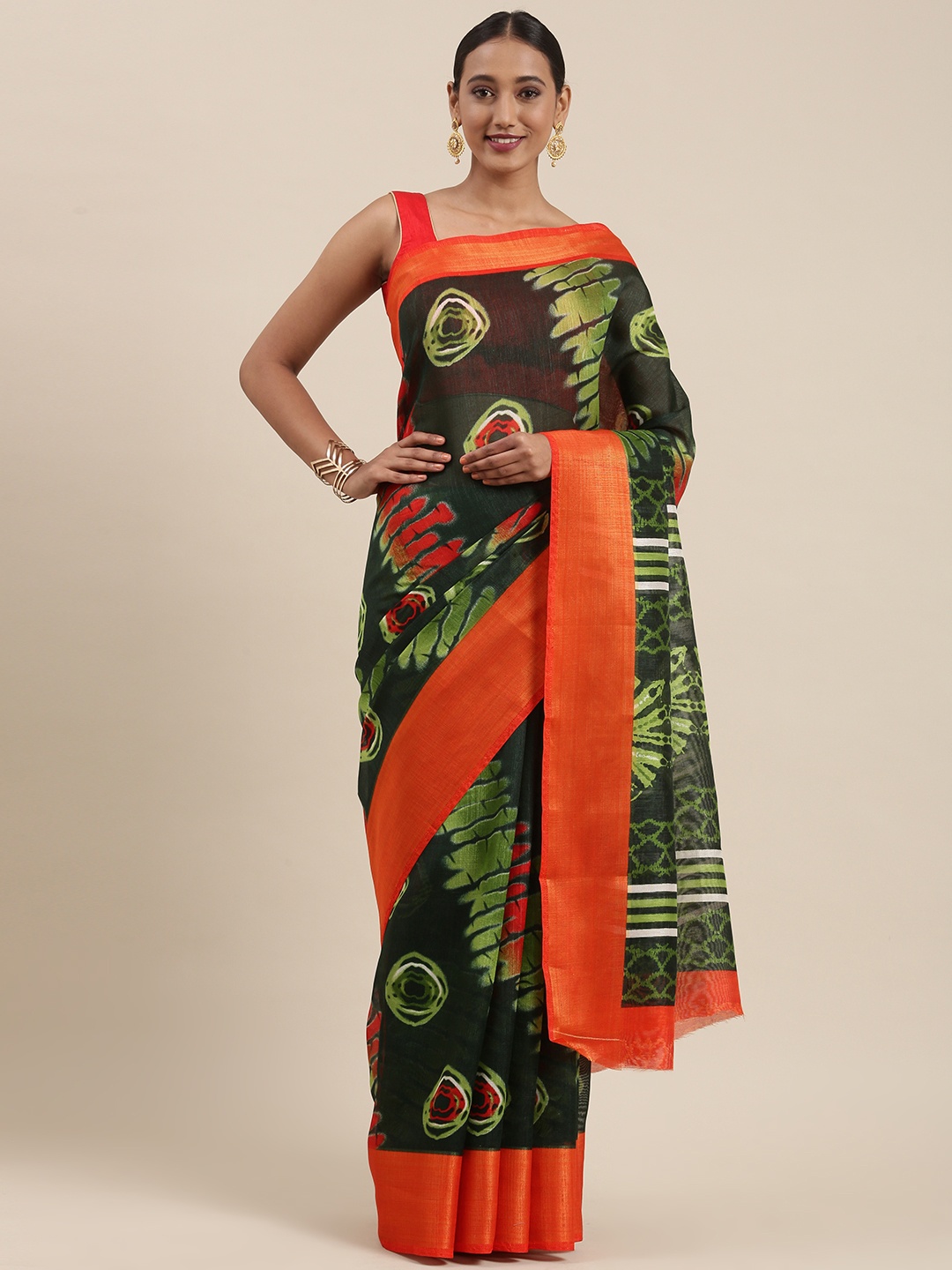 Pothys Green & Orange Abstract Printed Saree