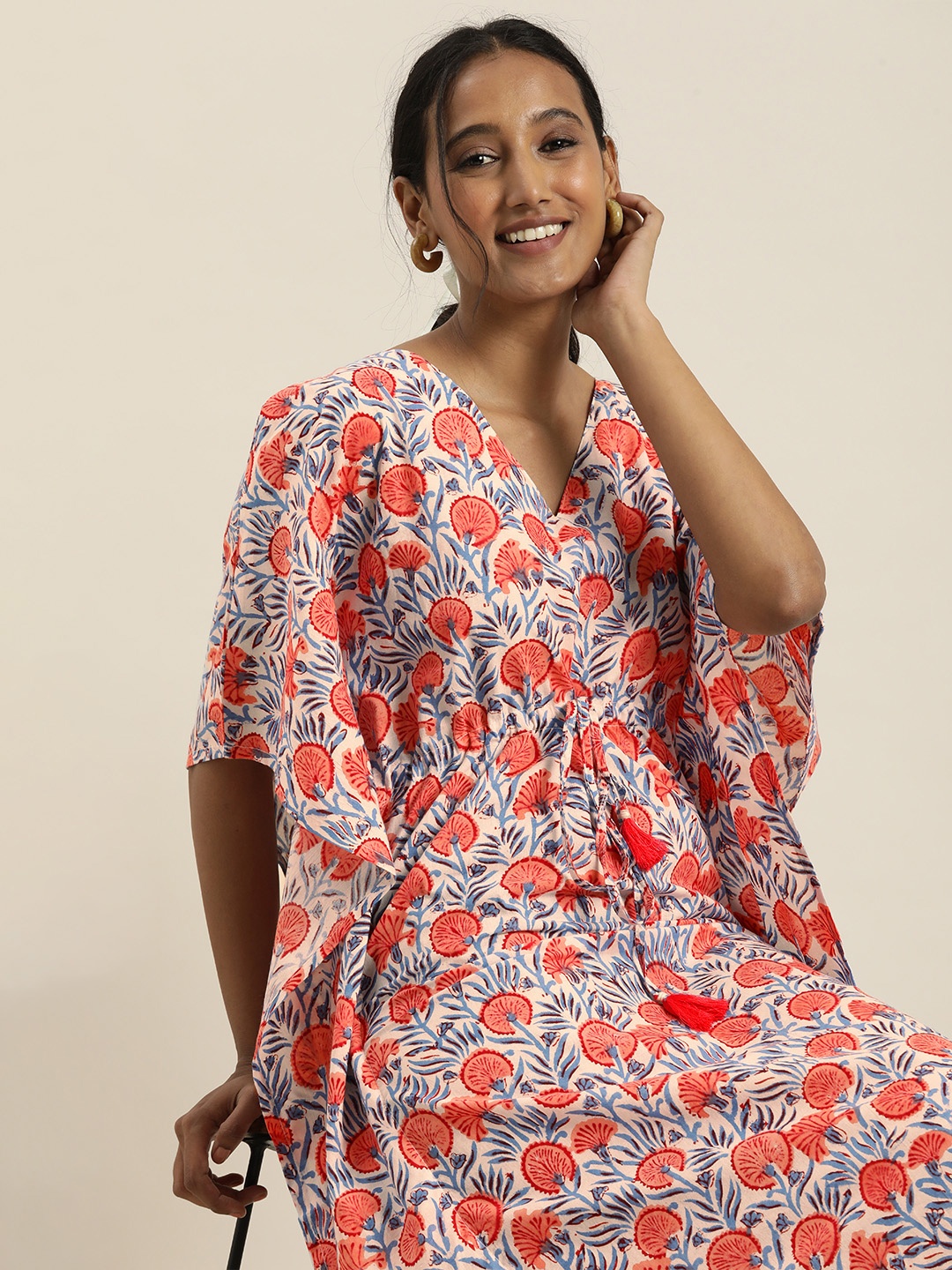 Taavi Off White & Orange Sanganeri Handblock Print Ethnic Kaftan Dress with Waist Tie-Up
Taavi Off White & Orange Sanganeri Handblock Print Ethnic Kaftan Dress with Waist Tie-Up