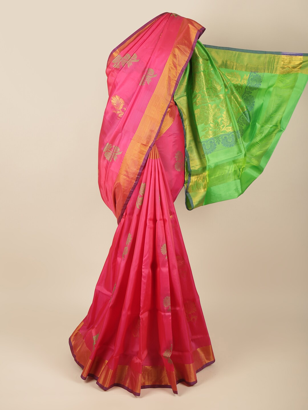 Pothys Pink & Green Floral Zari Art Silk Saree