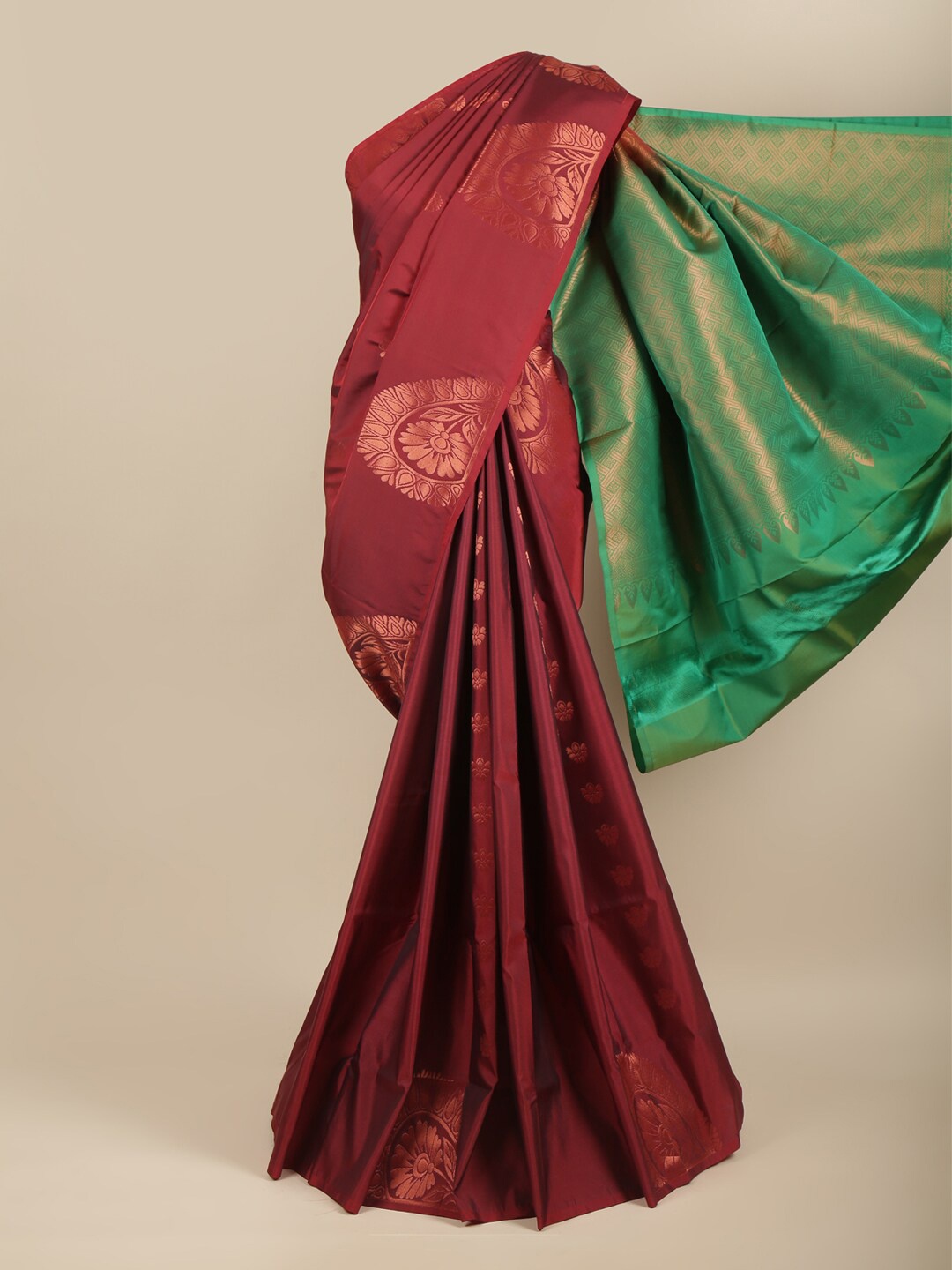 Pothys Maroon & Green Ethnic Motifs Zari Art Silk Saree