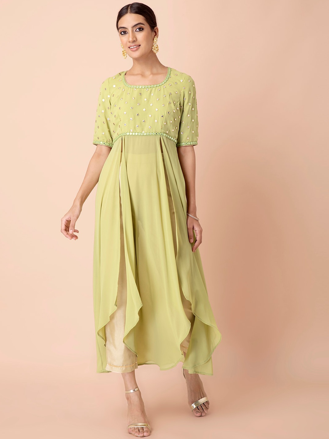 INDYA Women Green Yoke Design Georgette Anarkali Kurta