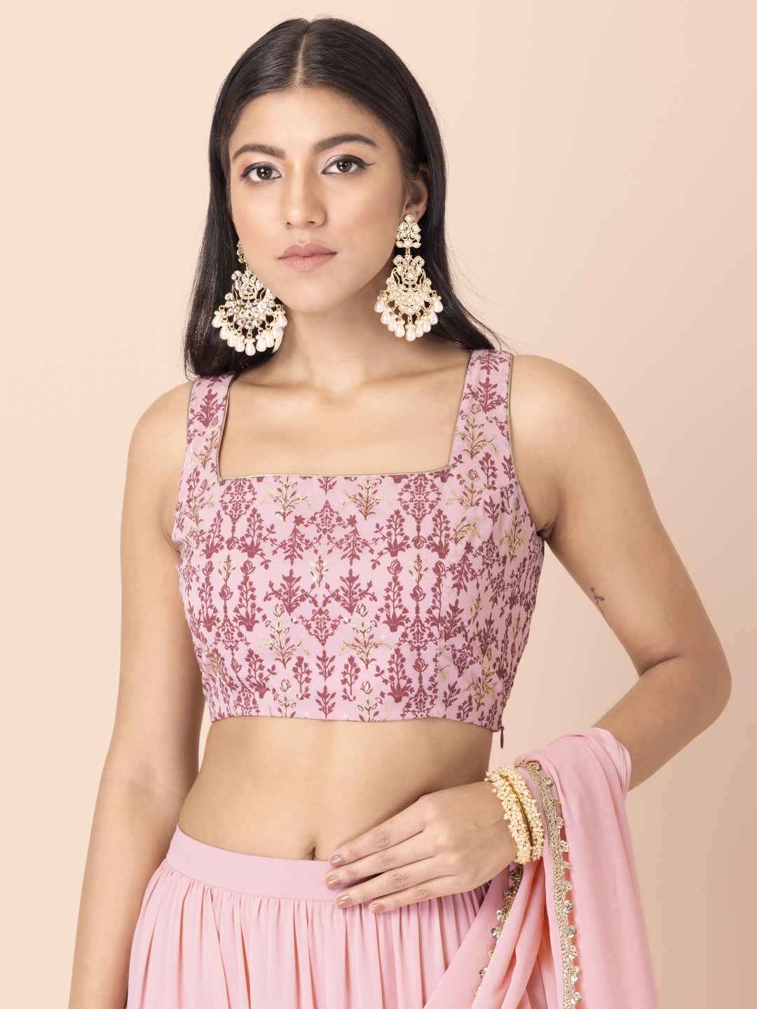 INDYA for Shraddha Kapoor Women Pink Floral Print Georgette Crop Top