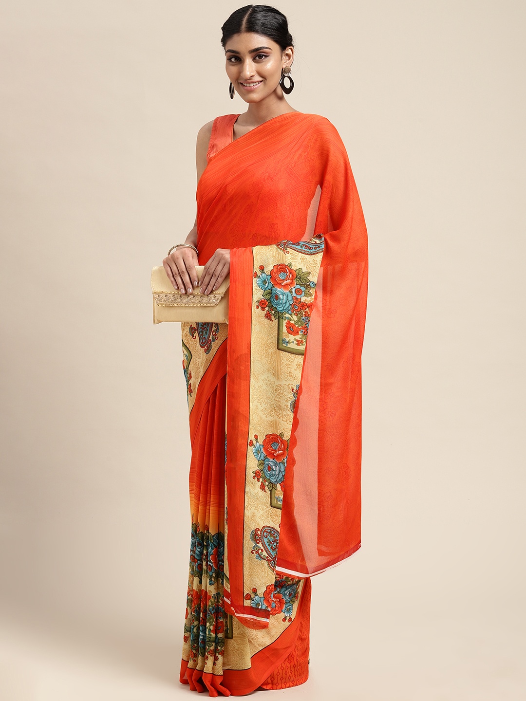 ANAND SAREES Orange Floral Poly Georgette Casual Saree
