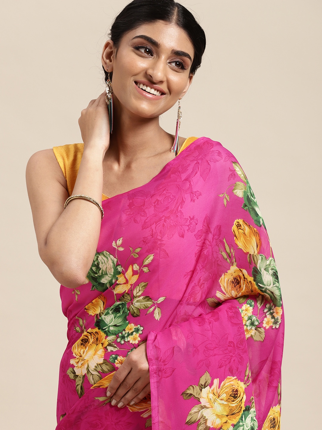 ANAND SAREES Pink Floral Poly Georgette Casual Saree