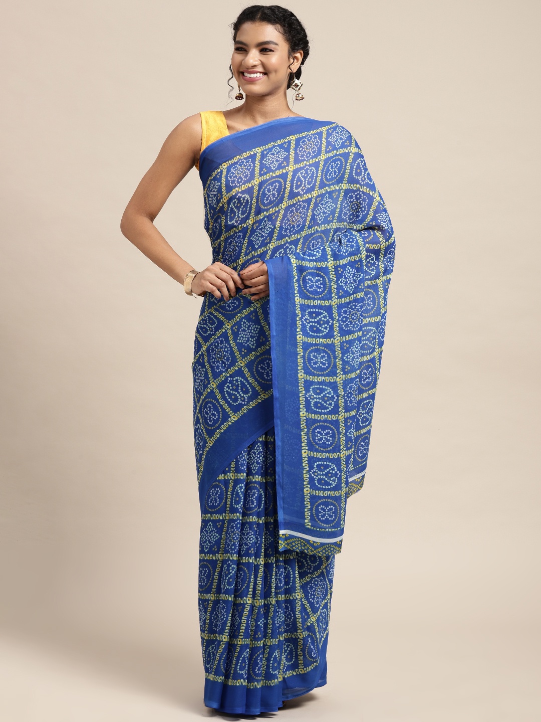 KALINI Blue & Yellow Bandhani Saree