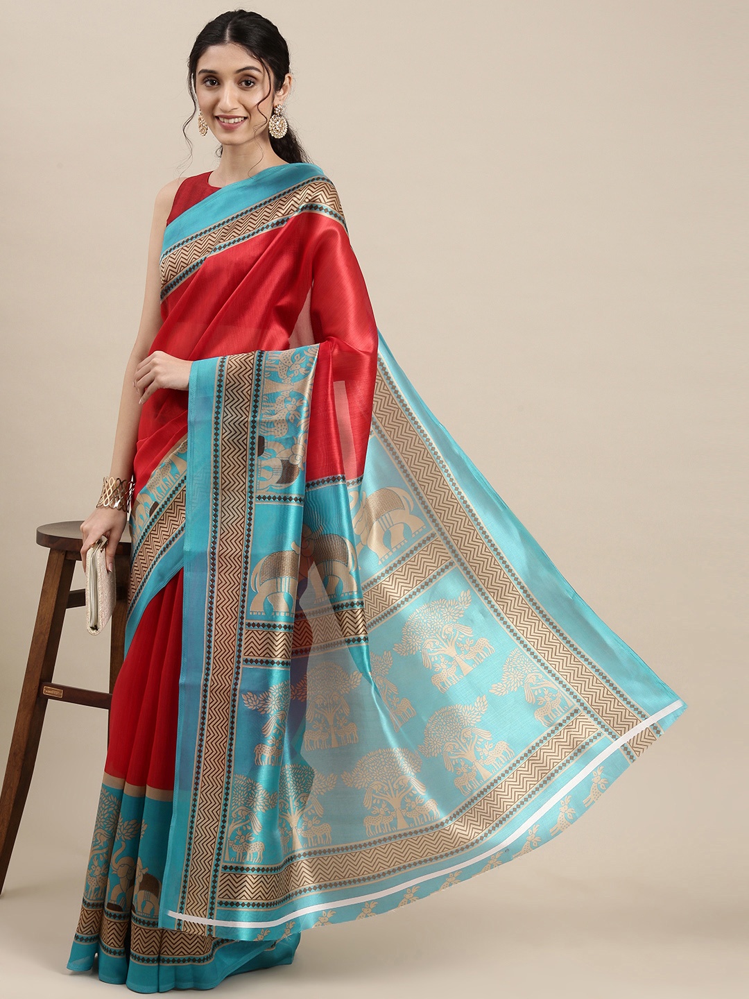 KALINI Red & Blue Ethnic Motifs Art Silk Saree