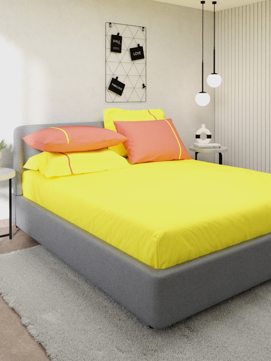 Stoa Paris Yellow & Peach Solid 144 TC Cotton King Size Bedsheet with 4 Pillow Covers