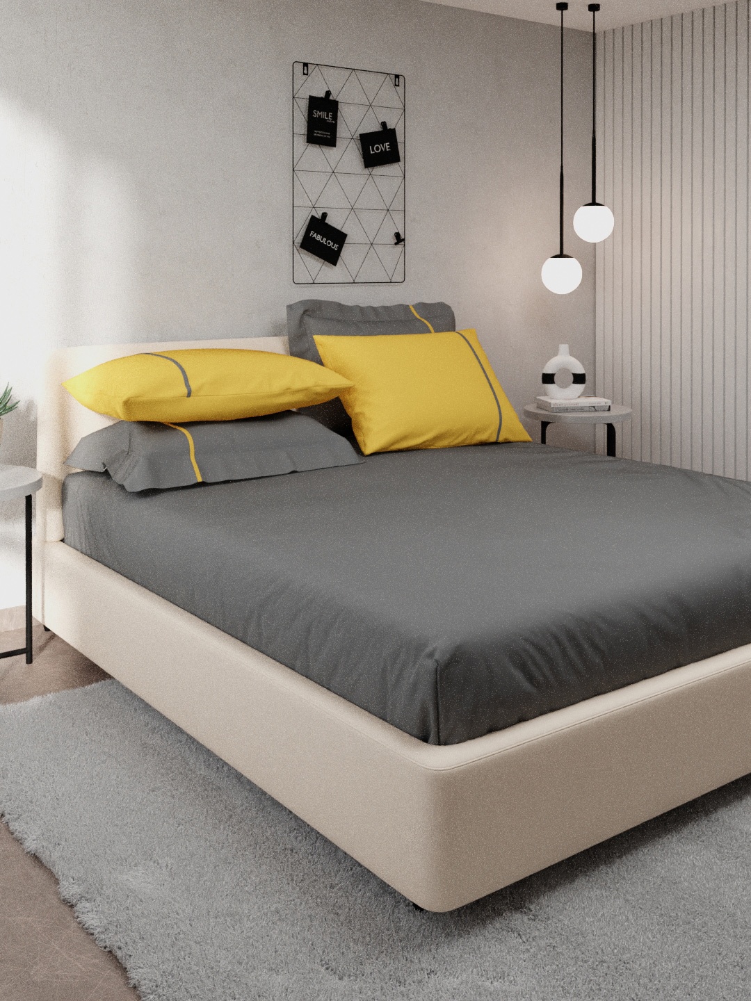Stoa Paris Grey & Yellow Solid 144 TC Cotton King Size Bedsheet with 4 Pillow Covers