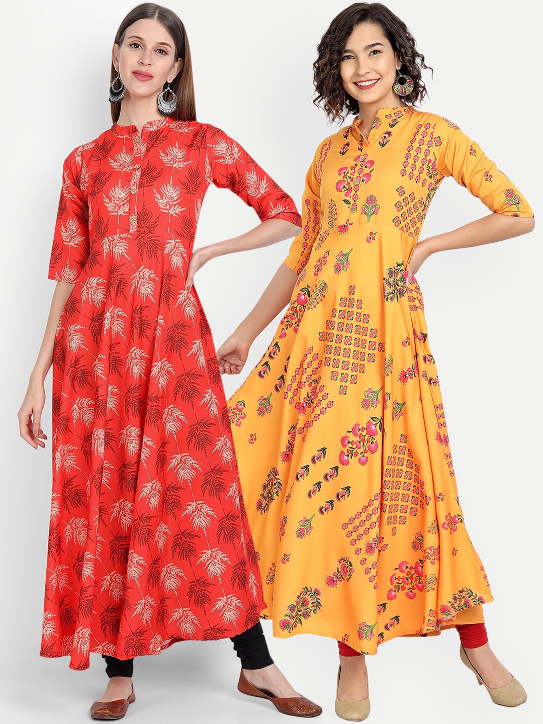 7Threads Women Pack of 2 Floral Printed Floral Crepe Anarkali Kurta, Red
