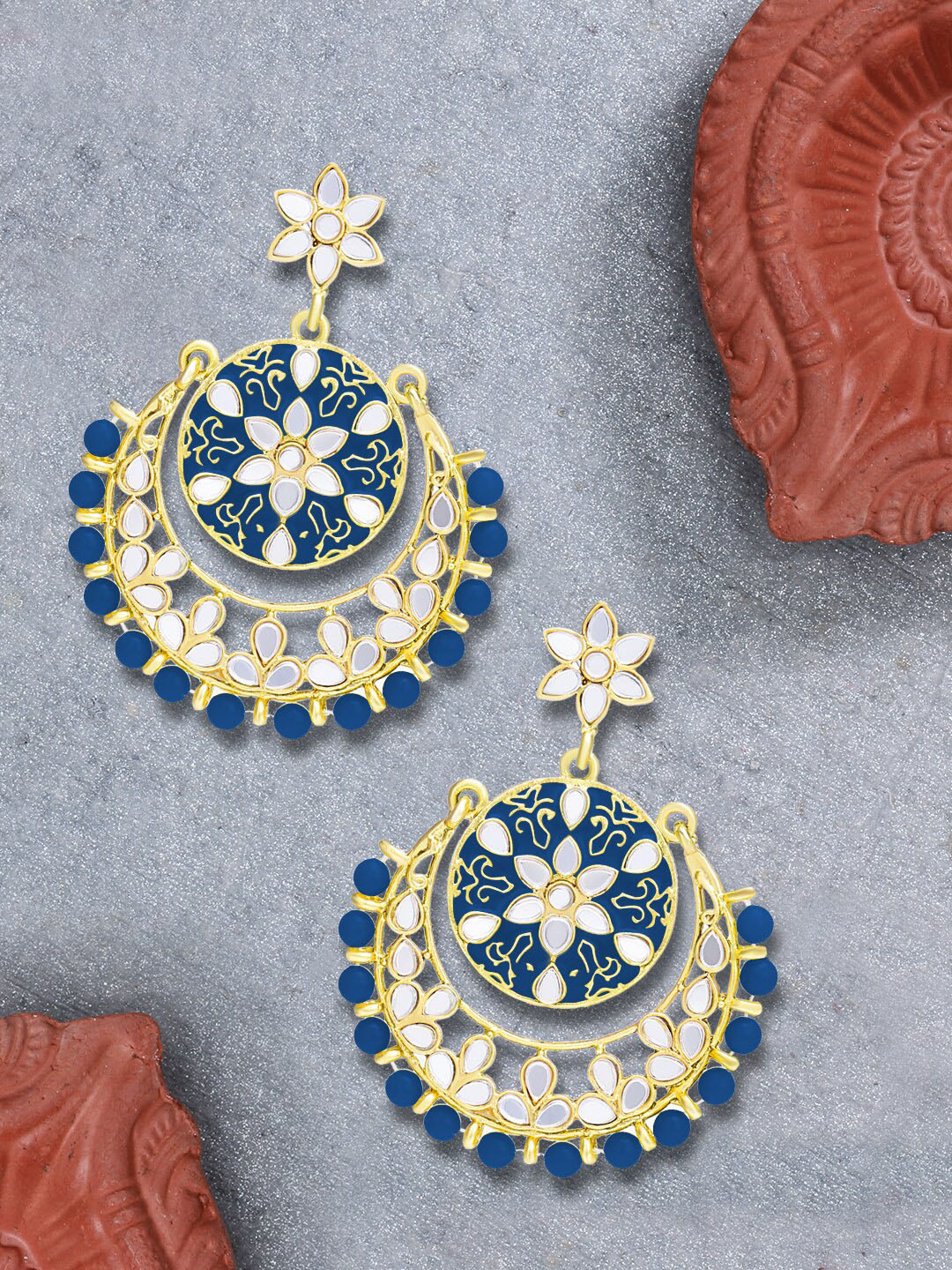 LIVE EVIL Blue & White Gold Plated Contemporary Chandbalis Earrings 
LIVE EVIL Blue & White Gold Plated Contemporary Chandbalis Earrings