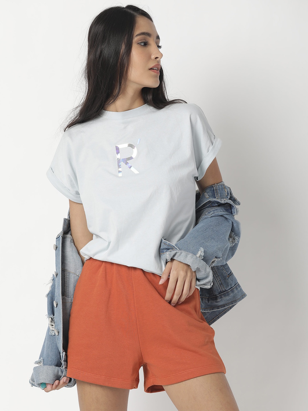 RAREISM Women Blue Typography Printed Extended Sleeves Pure Cotton Slim Fit T-shirt