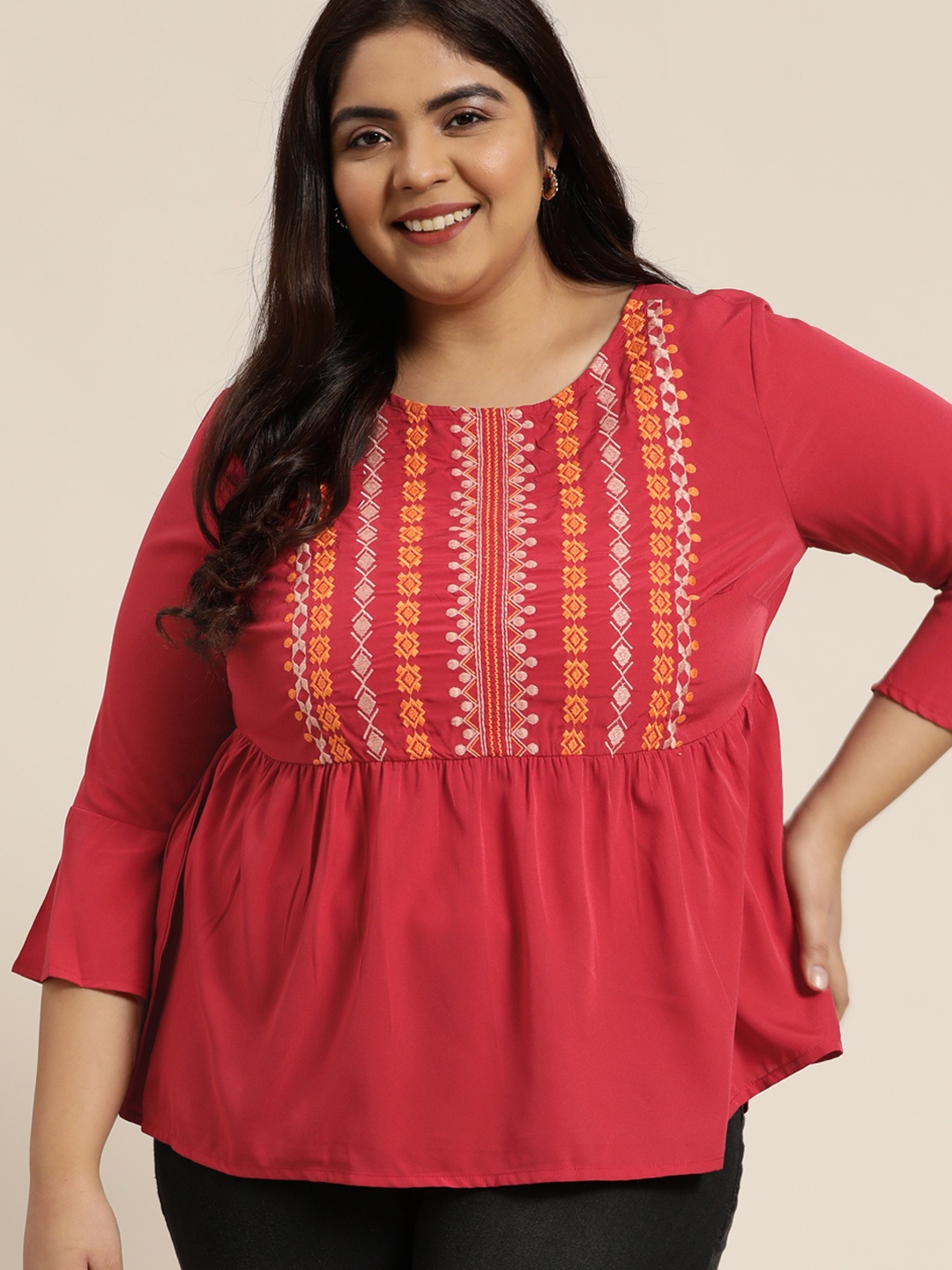 Sztori Women Plus Size Red & Orange Embroidered A-Line Top, Maroon
